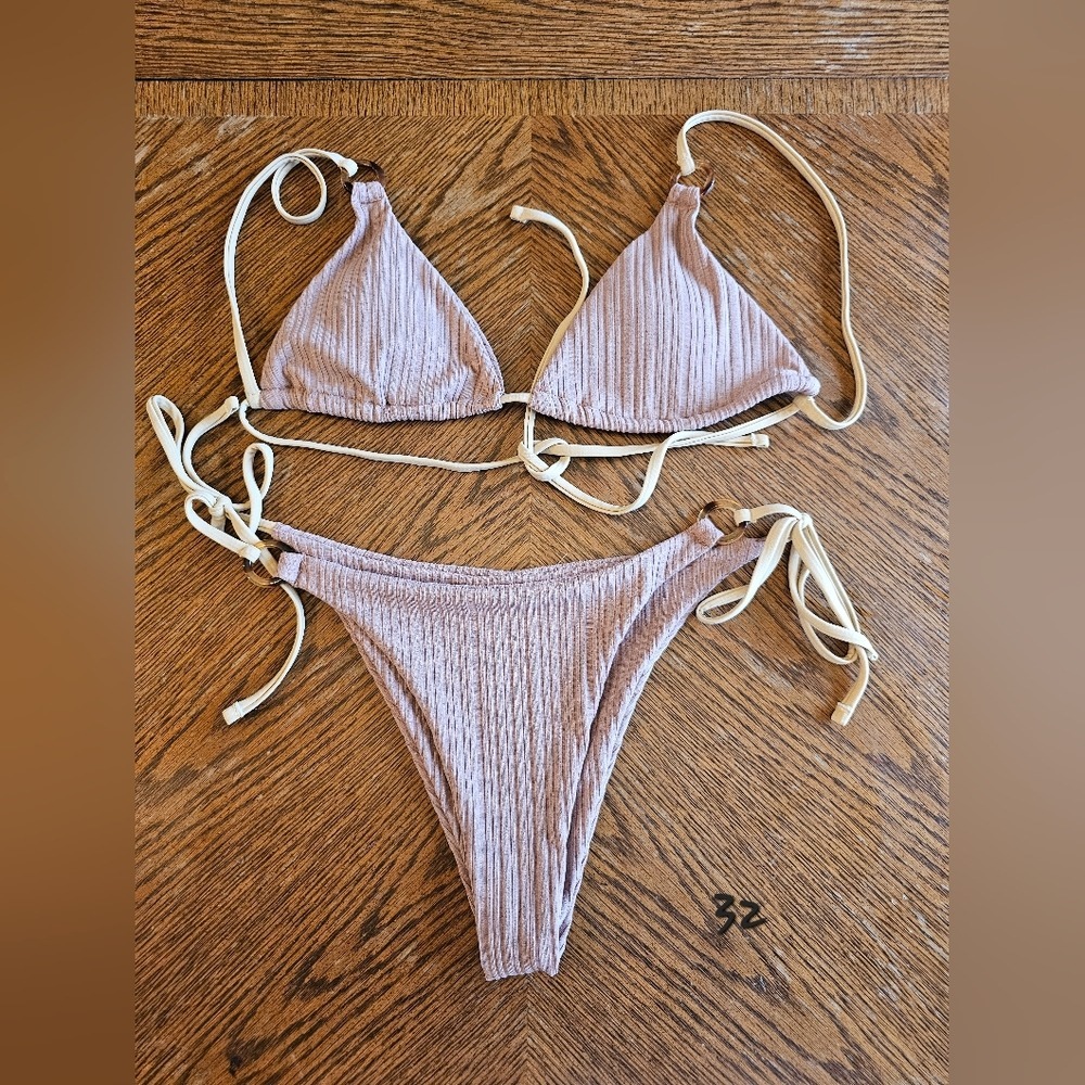 sz L String‎ Nude Triangle High Cut Tie Side Bottoms Bikini Vacation Beach Pool